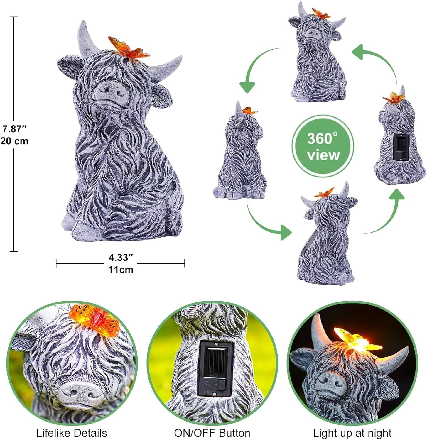 Solar Highland Cow Garden Ornament Grey Resin Statue with Butterfly Light Decor