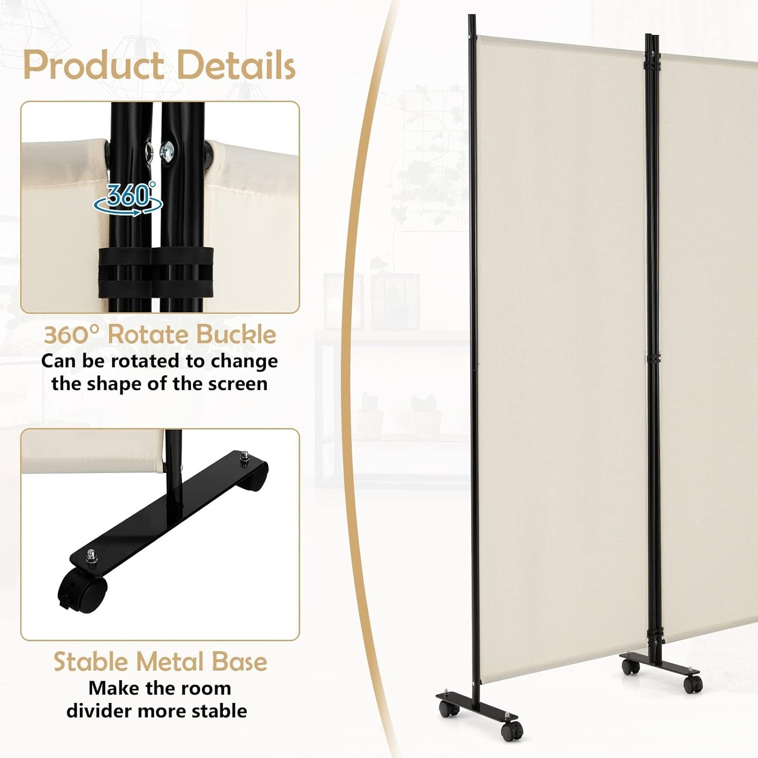 6 Panel White Folding Room Divider Privacy Screen with Wheels for Home Office
