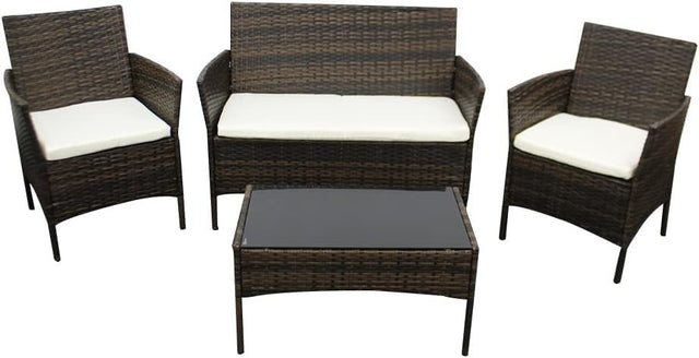 Brown 4-Piece Rattan Garden Sofa Set Outdoor Patio Table Chairs Cushions