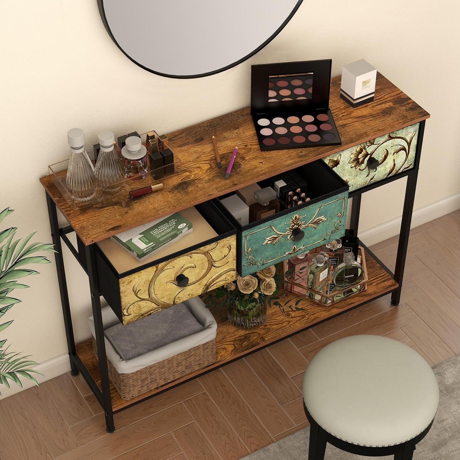 Slim Hallway Console Table with Drawers & Shelf – Rustic Wood Metal Frame