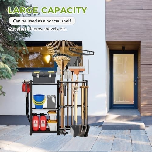 3-Tier Mobile Garden Tool Rack Metal Storage Holder for Shovels Rakes Brooms