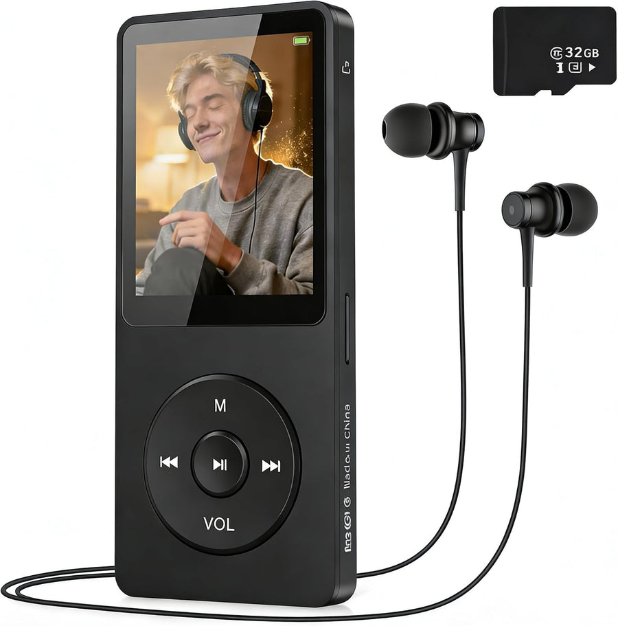 32GB Bluetooth 5.3 MP3 Player Black 1.8" Screen HiFi FM + Earphones