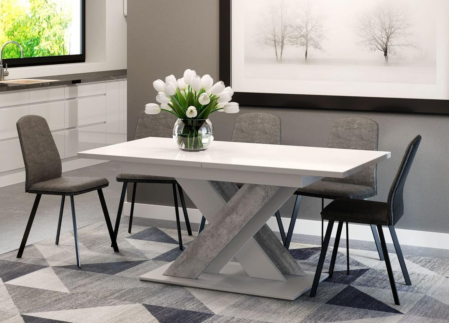 White Stone Gloss Extendable Dining Table 140–180cm Folding Space Saver