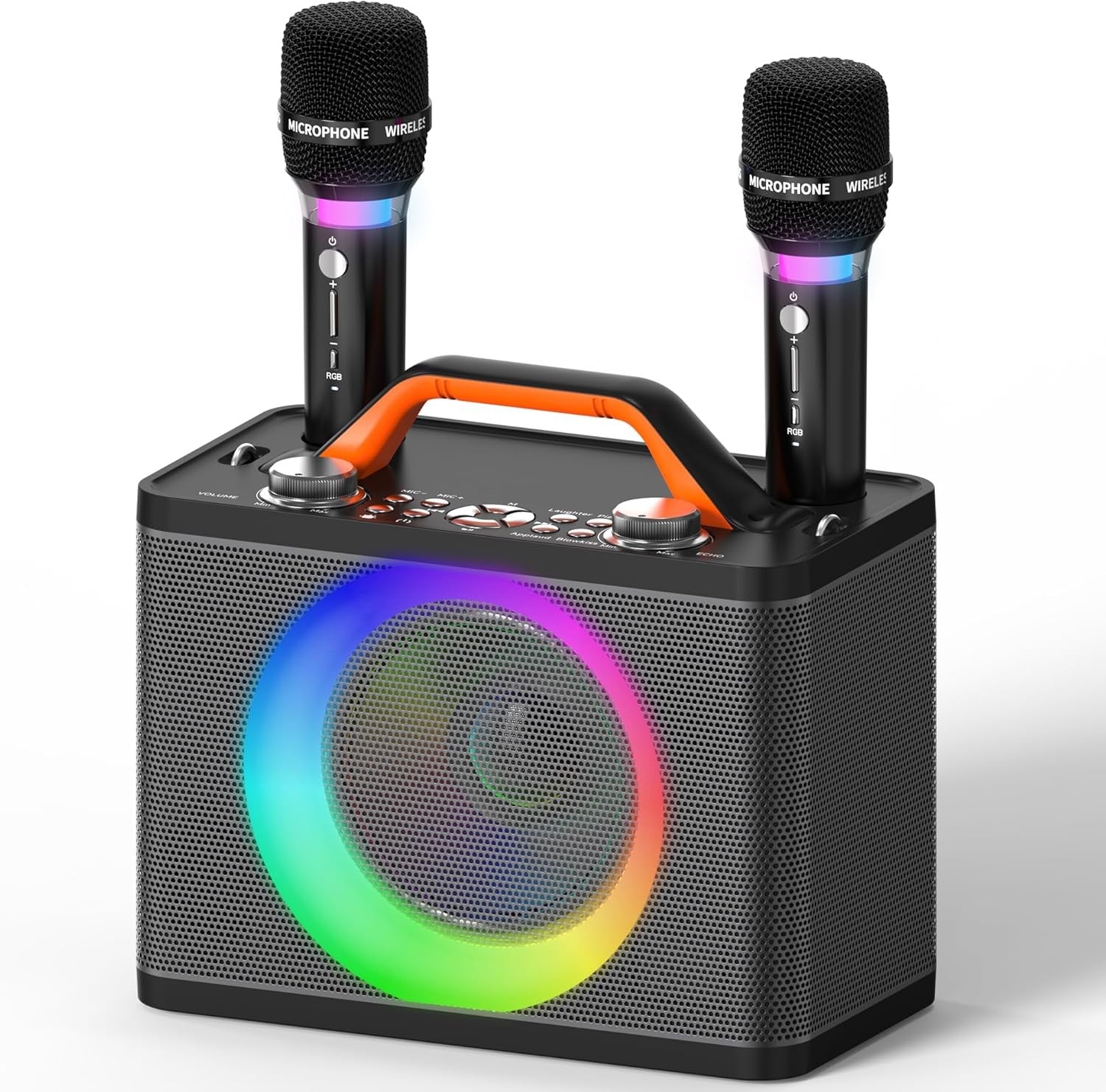 Black Portable Karaoke Machine 2 Wireless RGB Mics 13H Play