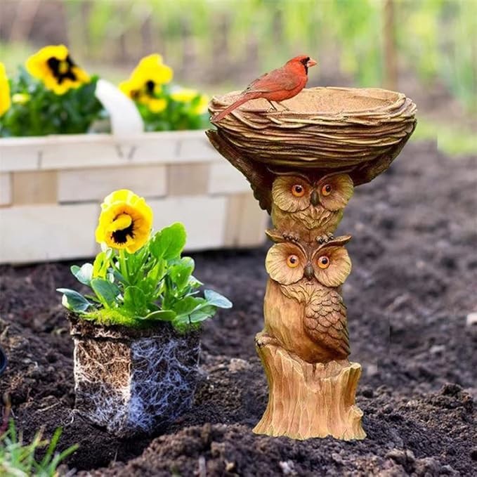 Owl Resin Bird Bath & Feeder – Waterproof Garden Ornament Yard Decor