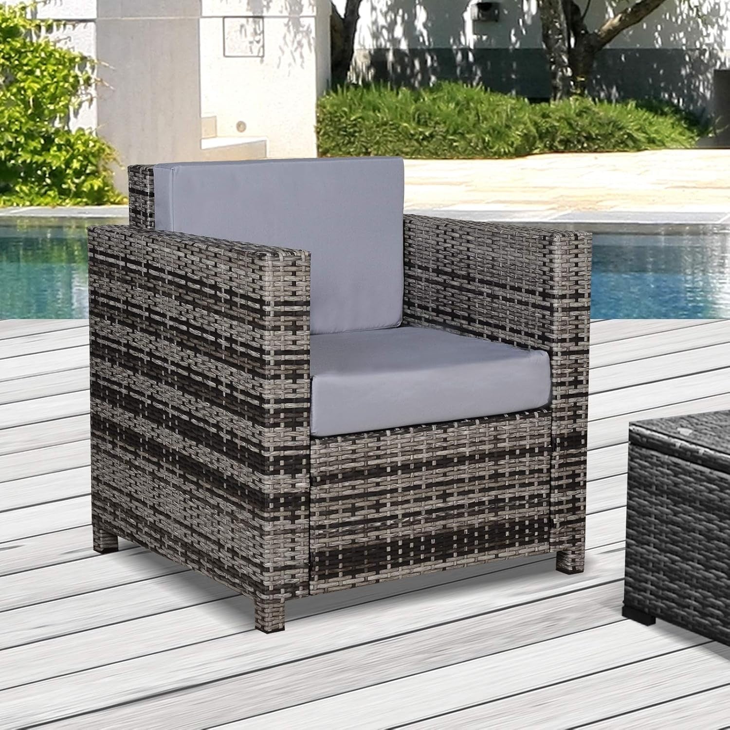 Rattan Garden Armchair with Cushion Grey Outdoor Patio Lounge Single Seater
