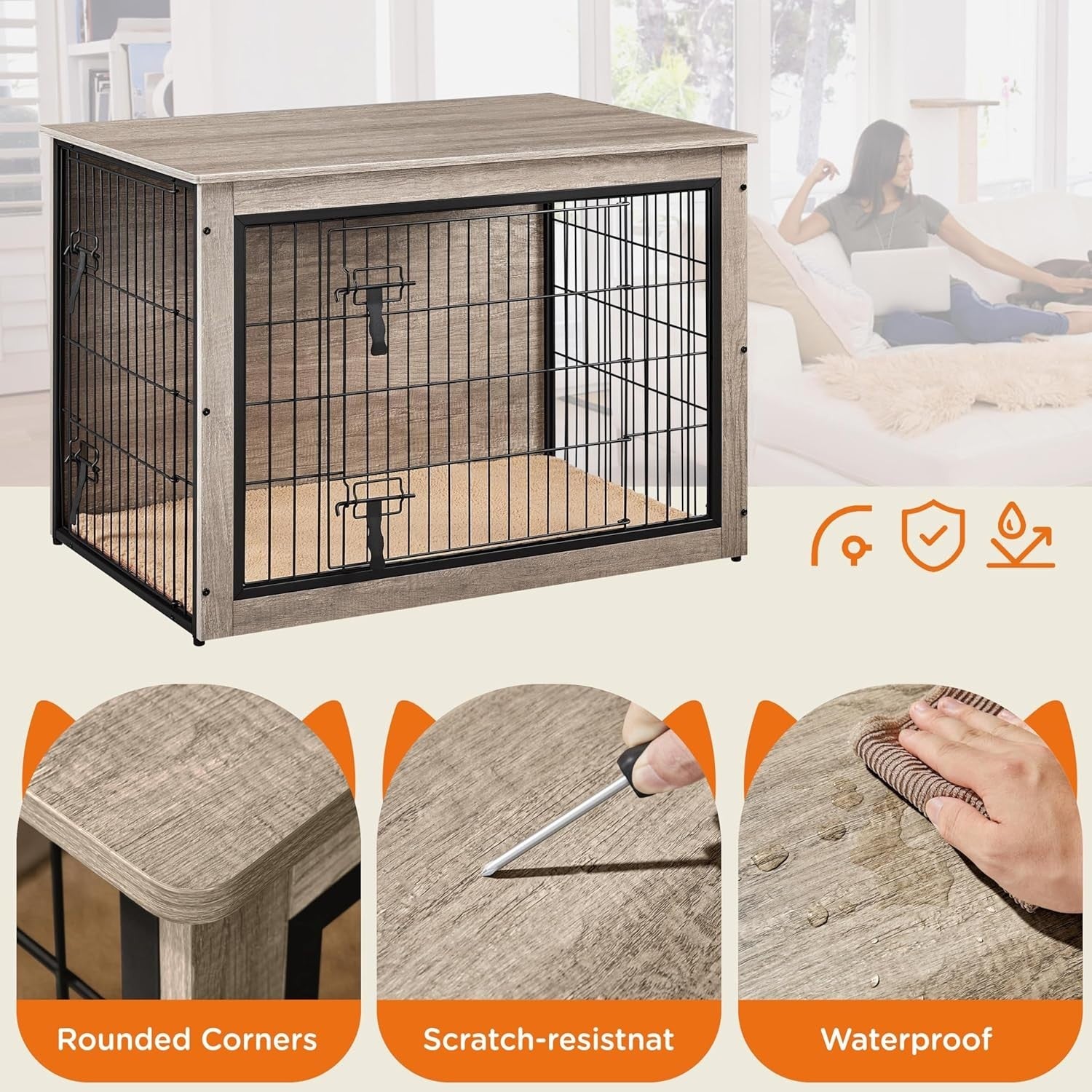 Stylish Medium Dog Crate Furniture with Cushion & Double Doors 96x65x67.5cm
