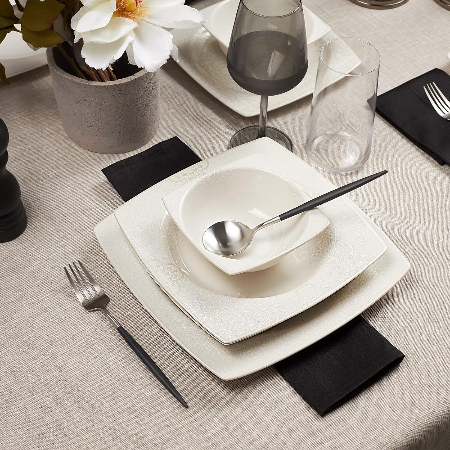 24pc White Porcelain Dinner Set Square Plates Bowls Elegant Tableware