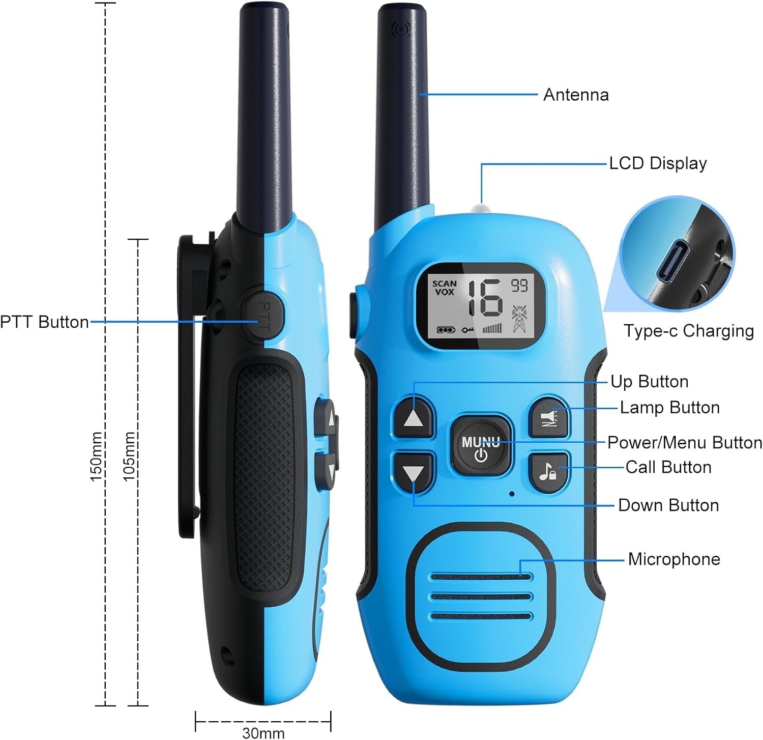 Long Range Walkie Talkies 2 Pack 16 Channel Rechargeable VOX Radio