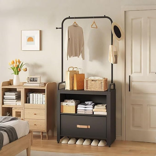 Black Freestanding Wardrobe Rack with Drawers & Hooks – Modern Bedroom Storage
