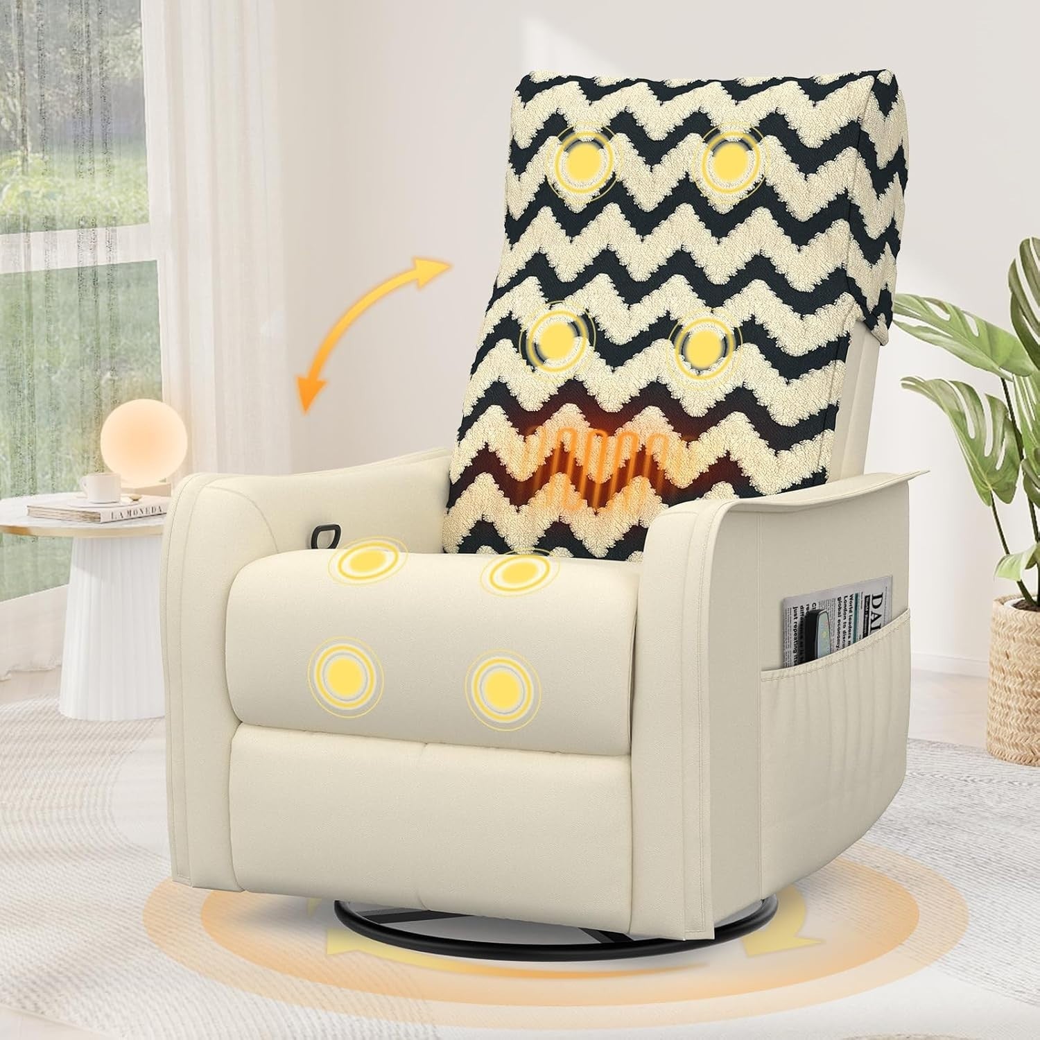 Swivel Rocking Recliner Chair Massage Heat 3-in-1 Footrest Pockets + Cover Cream