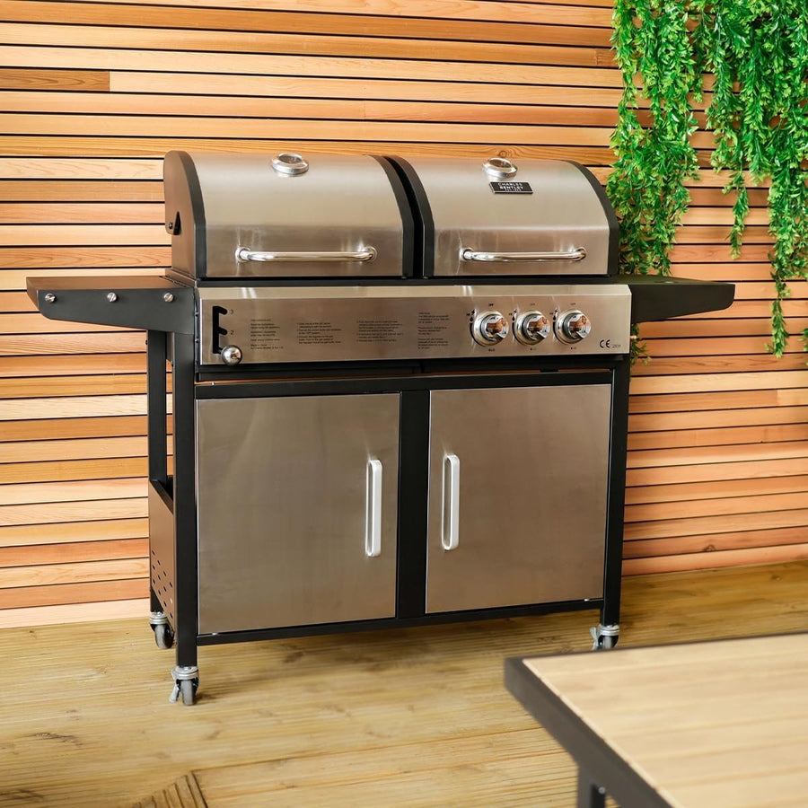 Dual Fuel Gas & Charcoal BBQ Grill with Thermometer & Side Table – 2+1 Burner