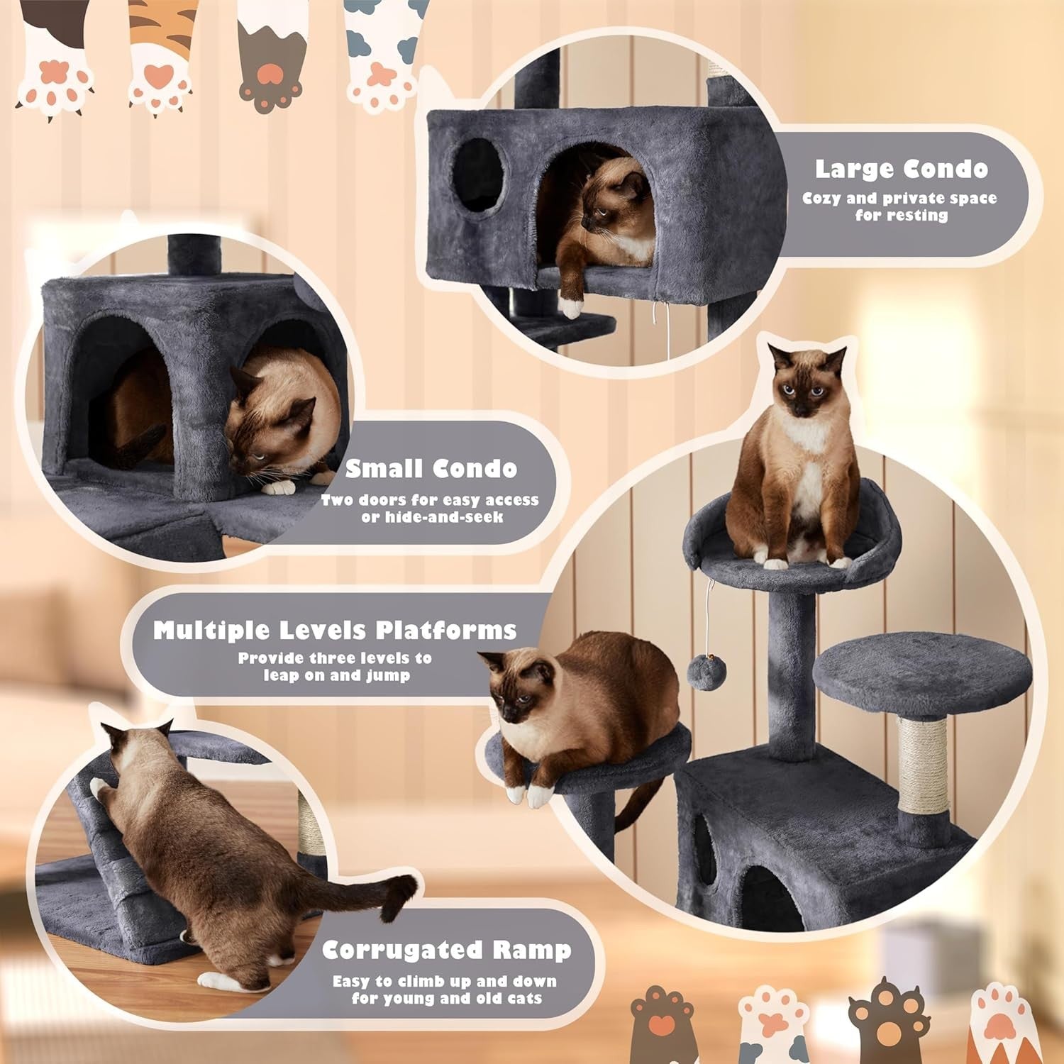 Large Cat Tree 138.5cm Multi Level Scratching Tower Condo Dark Grey