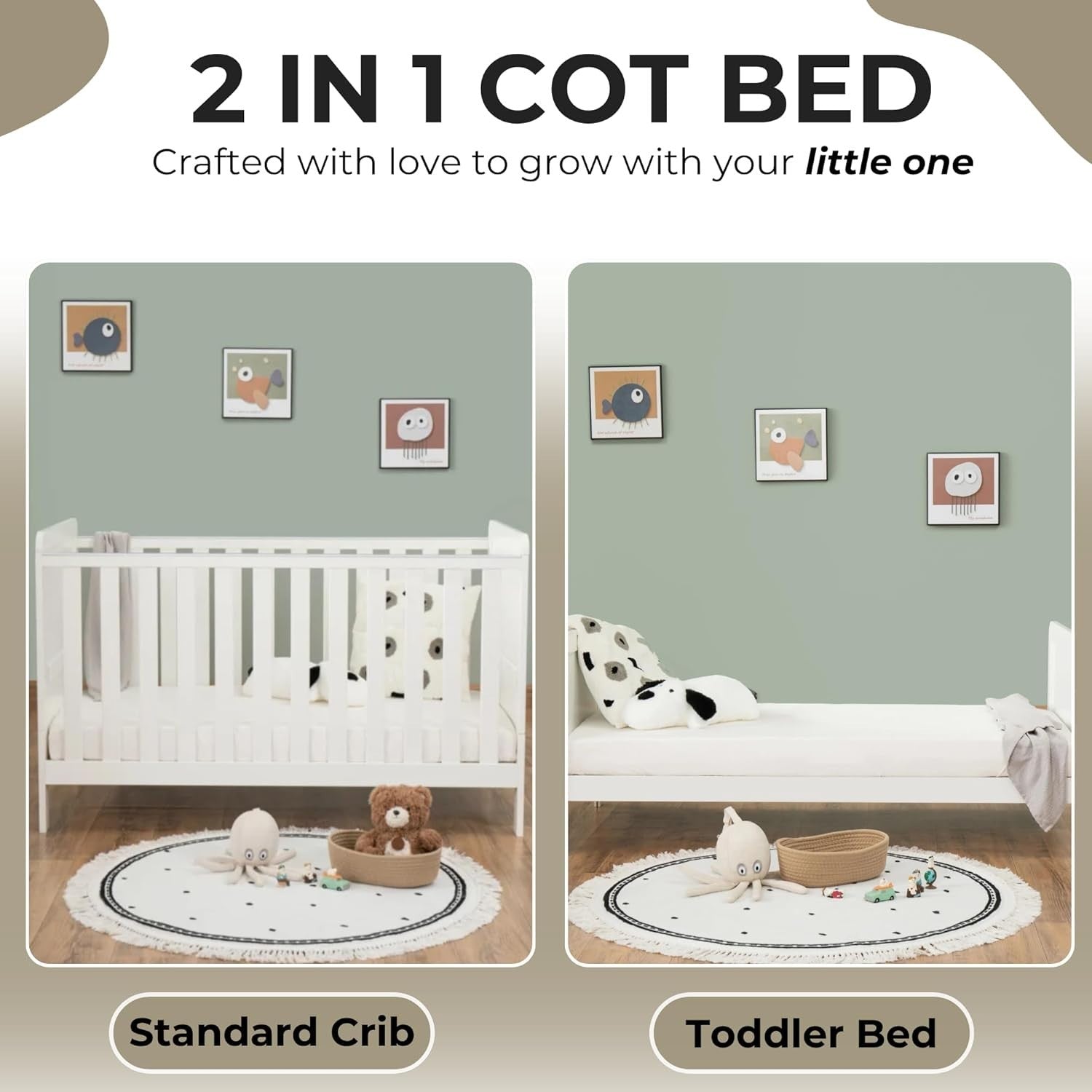 Convertible Baby Cot Bed Toddler Bed Adjustable Height w/ Teething Rails White