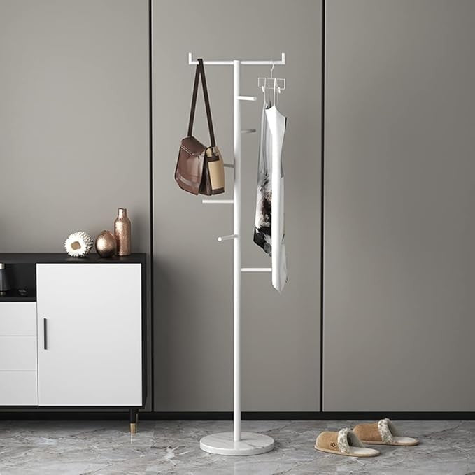 Modern White Metal Coat Rack Stand  Slim Freestanding Hall Tree with Marble Base