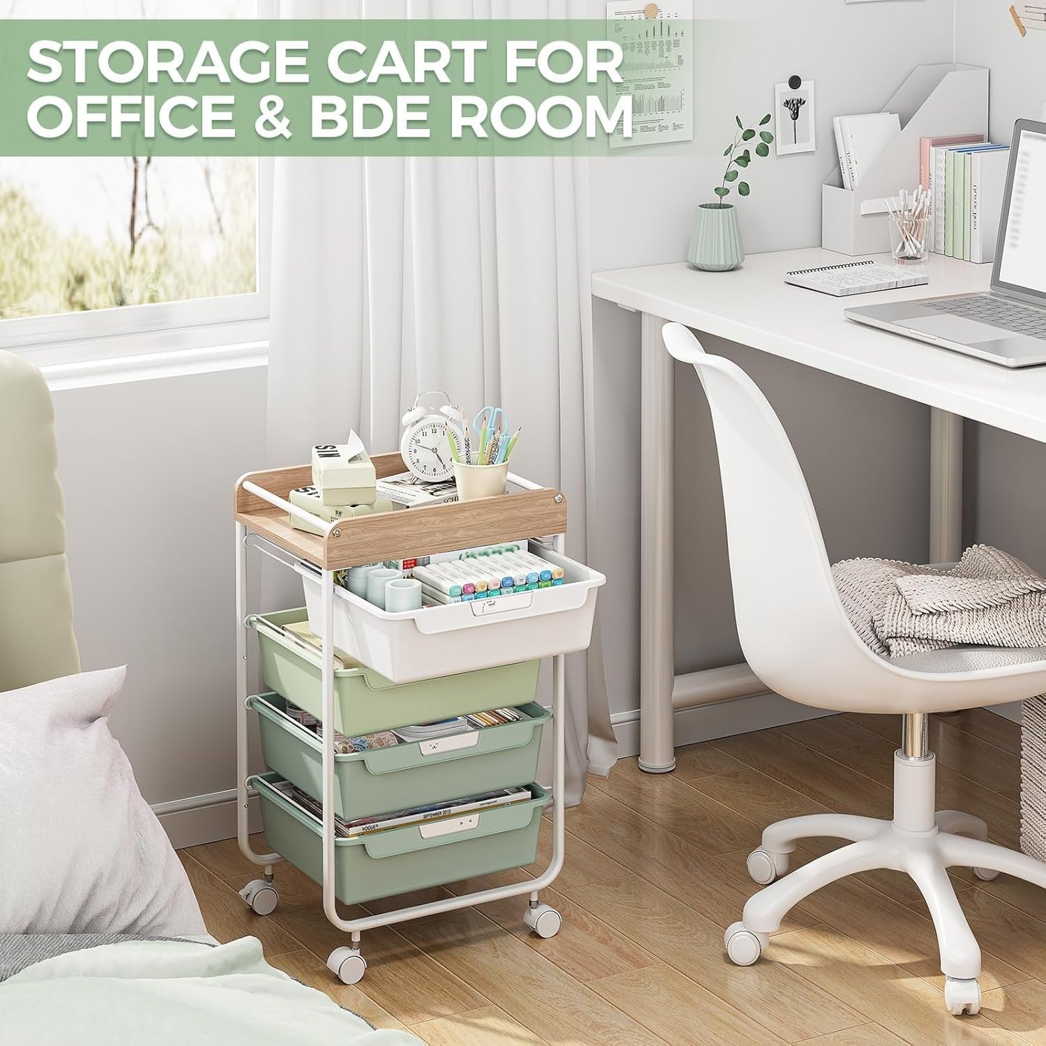 Green 4 Drawer Rolling Storage Trolley Craft Office Organizer Cart