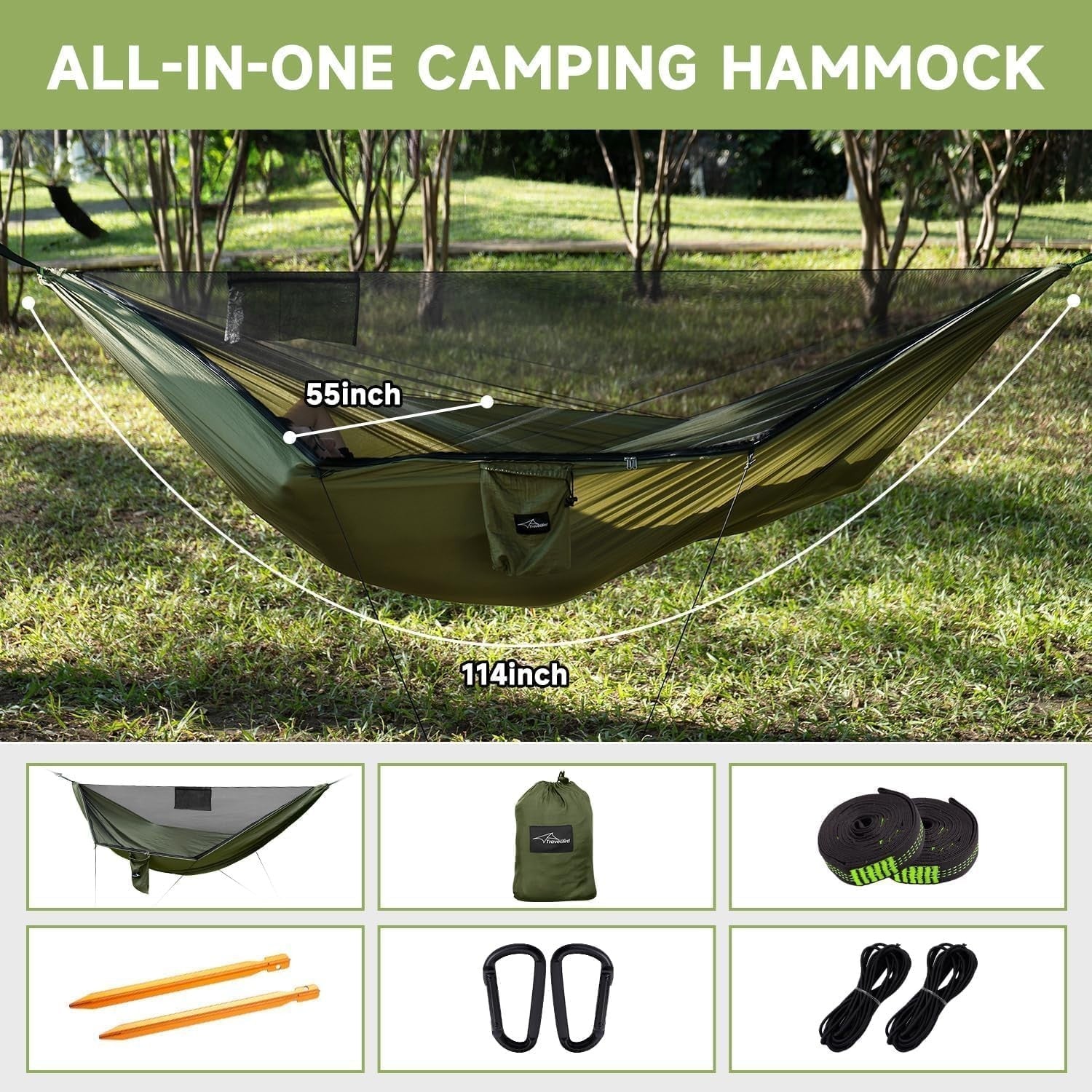 Camping Hammock with Mosquito Net & Tree Straps | Lightweight, 290x140CM