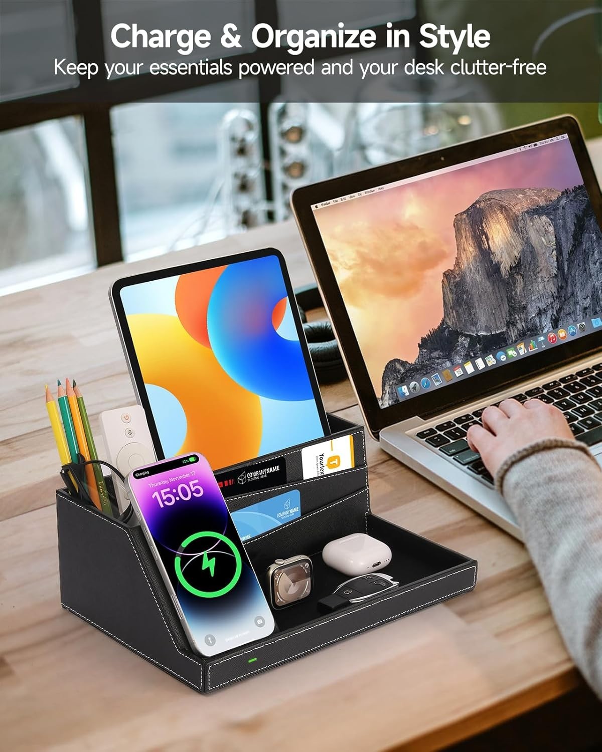 Wireless Charger Desk Organiser Leather Phone Charging Station Valet Tray