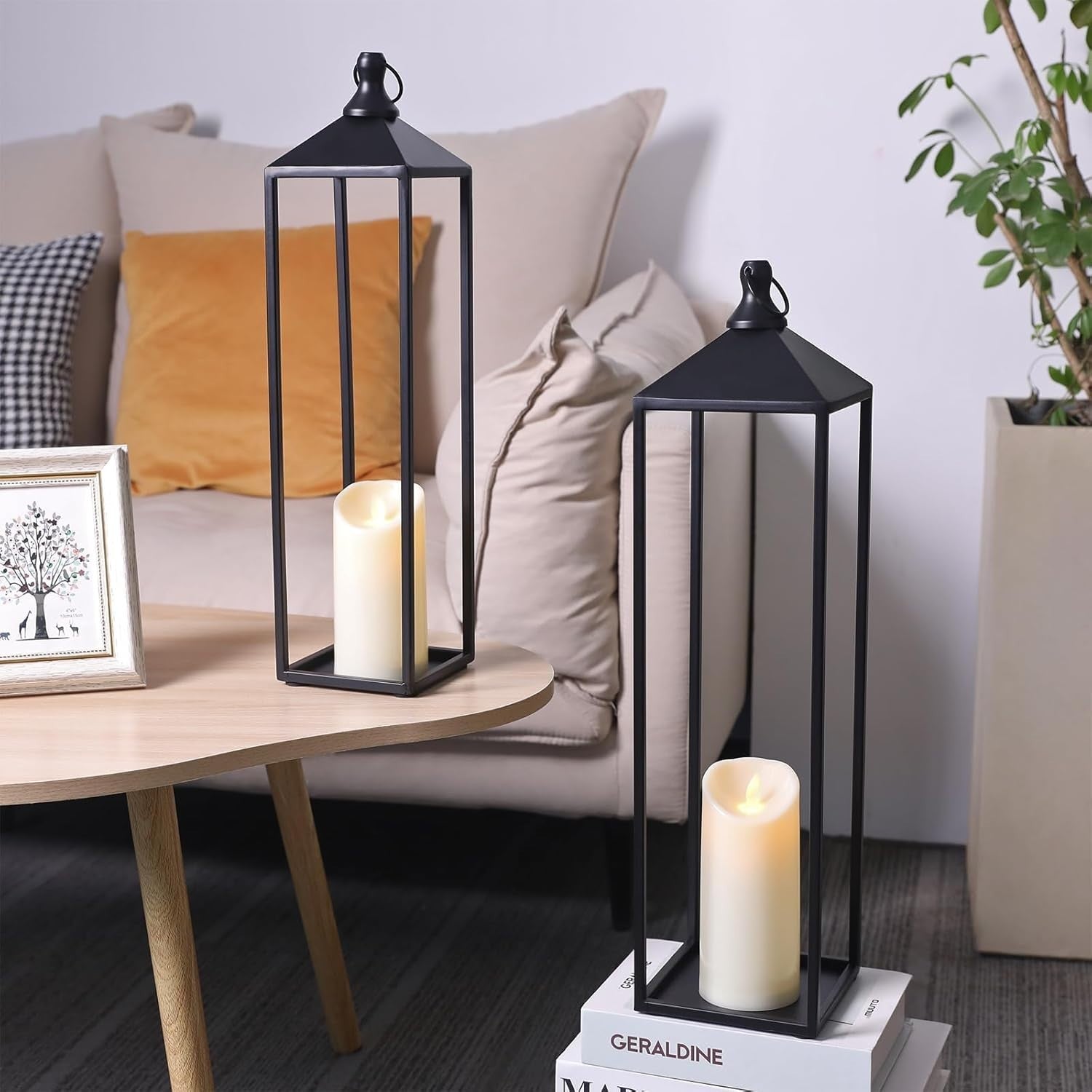 2 Pack Large Black Metal Candle Lanterns Outdoor