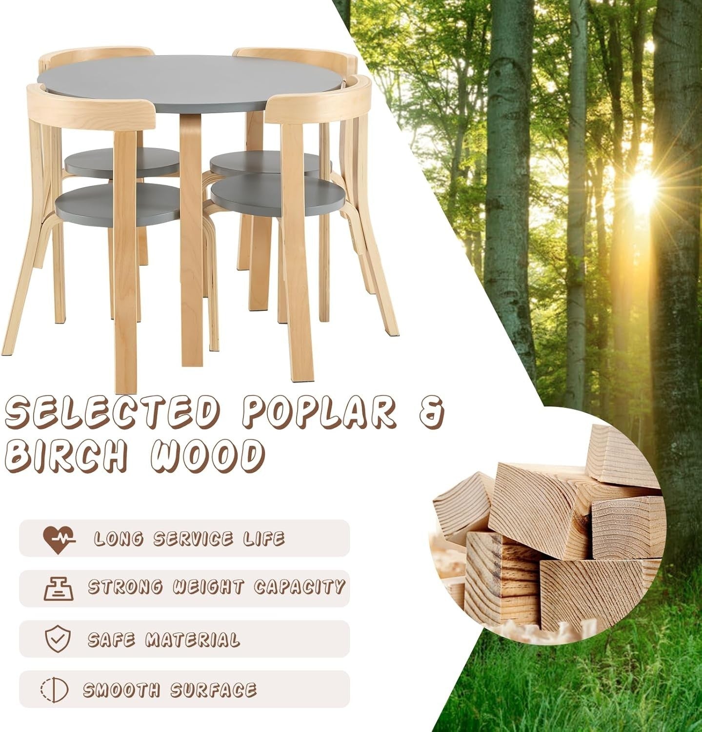 Kids Table & 4 Chairs Set Solid Wood Stackable Ergonomic Grey Furniture