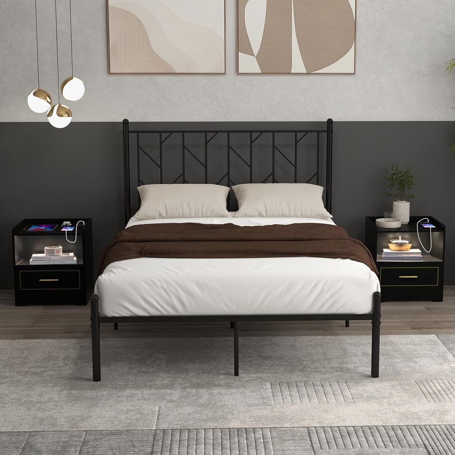 Set of 2 Black LED Bedside Tables with USB Charging & Drawer | Smart Nightstands