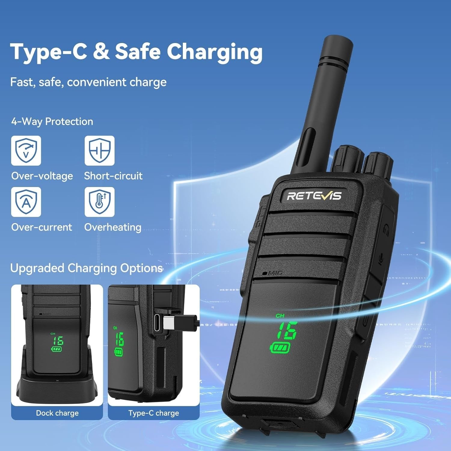 Walkie Talkies 2 Pack License Free VOX Hidden Screen Type-C Radio