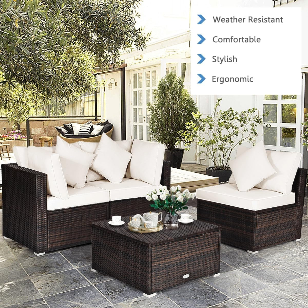 4PC White Rattan Garden Sofa Set Modular Patio Lounge Coffee Table Cushions