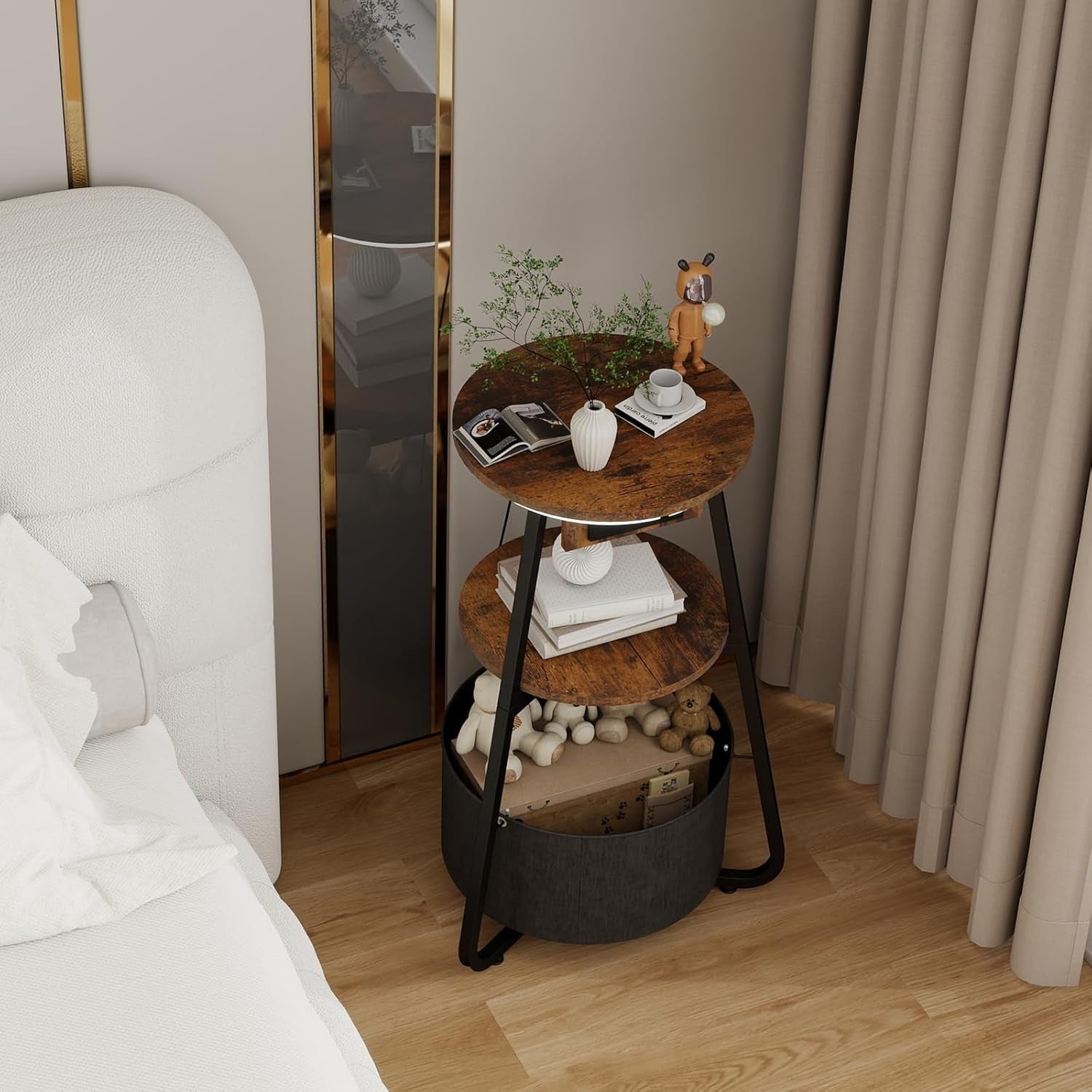 Round Side Table with Charging Station, 3-Color LED & 3-Tier Storage Shelf