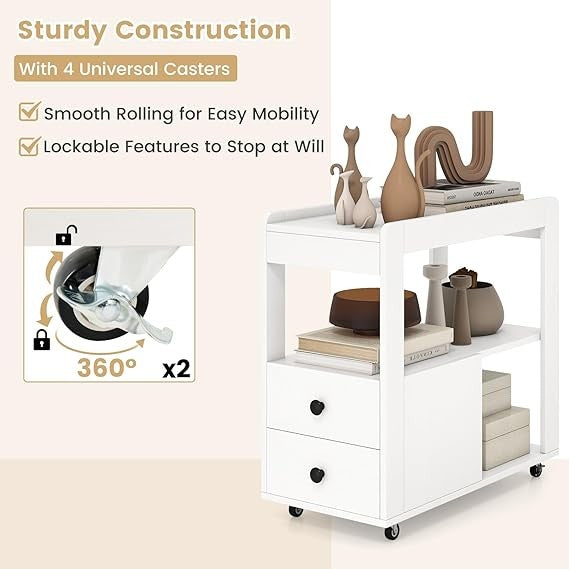 Sleek 3-Tier Rolling Bedside Table with Drawers & Shelves Slim Nightstand White