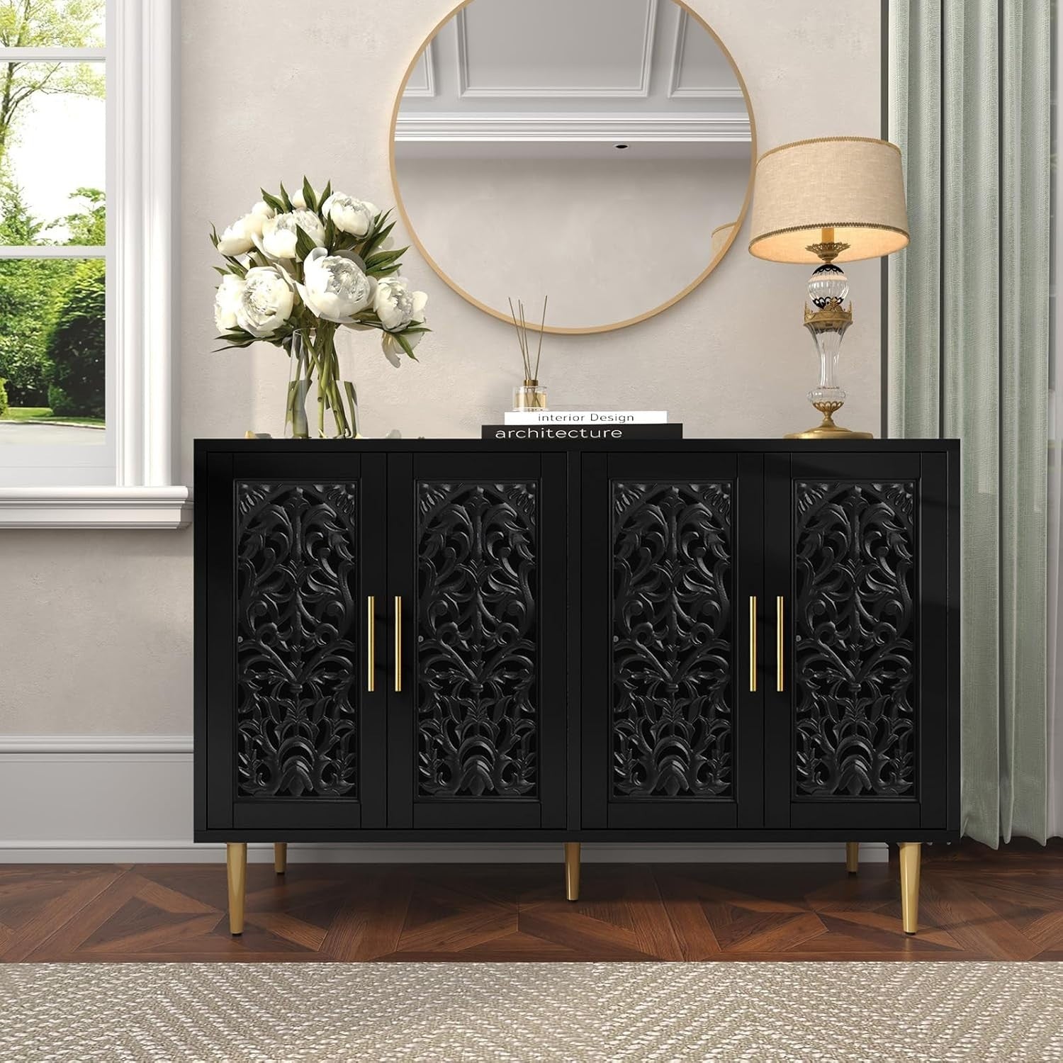 Vintage Black Sideboard Cabinet 4 Doors Hollow Carved Storage Buffet