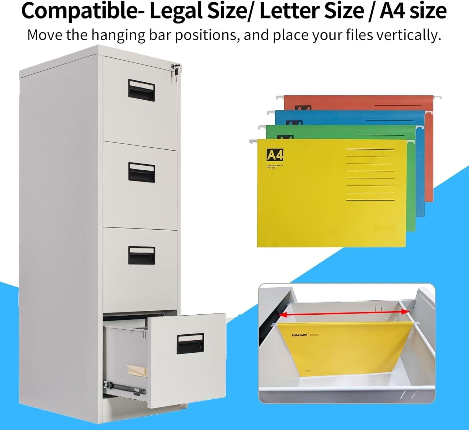 Light Grey 4 Drawer Lockable File Cabinet 50x40x133cm Steel