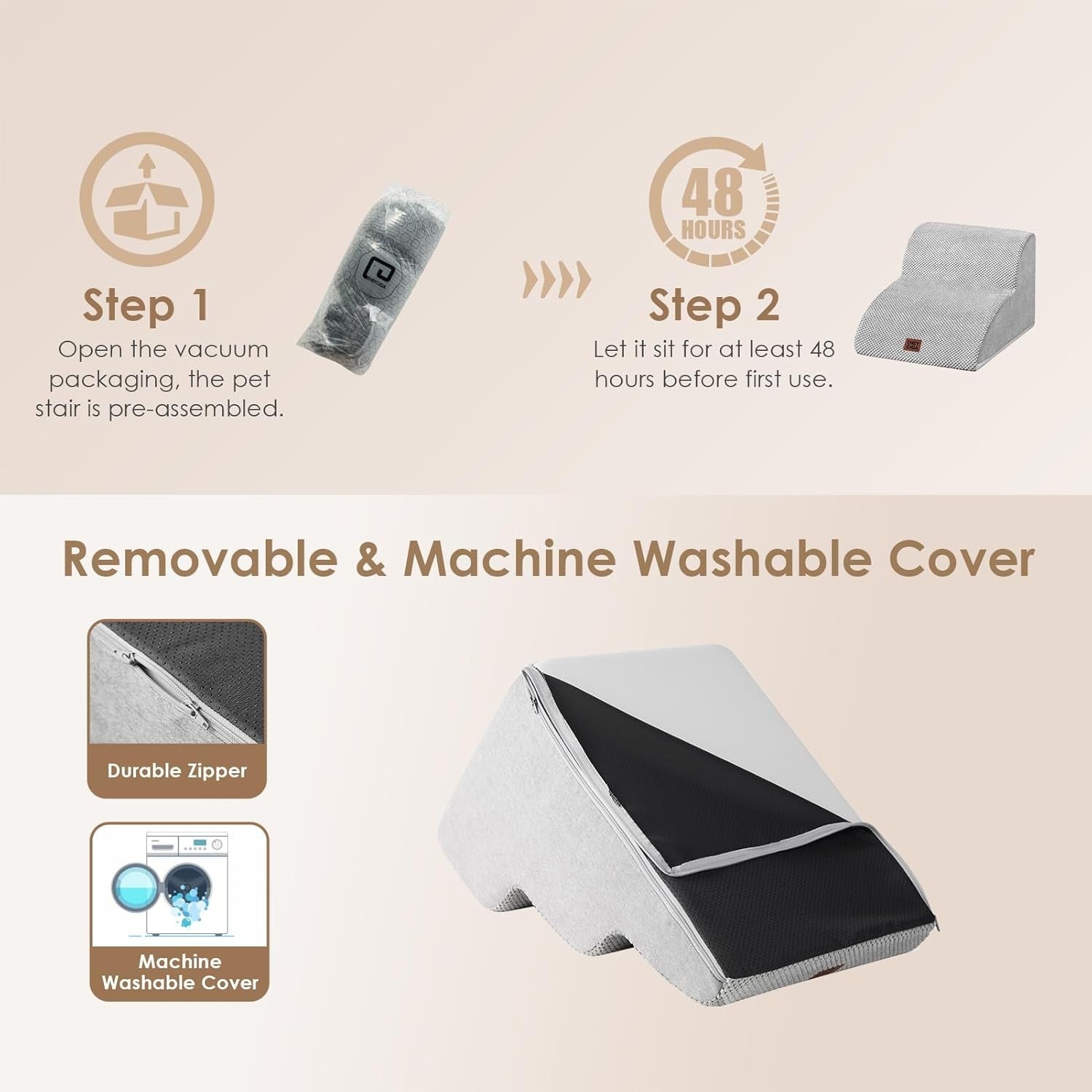 2 Step Dog Stairs for Sofa Non Slip Foam Pet Steps Washable Light Grey