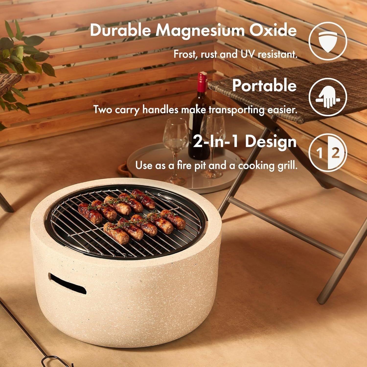 2-in-1 Fire Pit BBQ Grill with Mesh Cover & Poker – Stone Effect Outdoor Heater