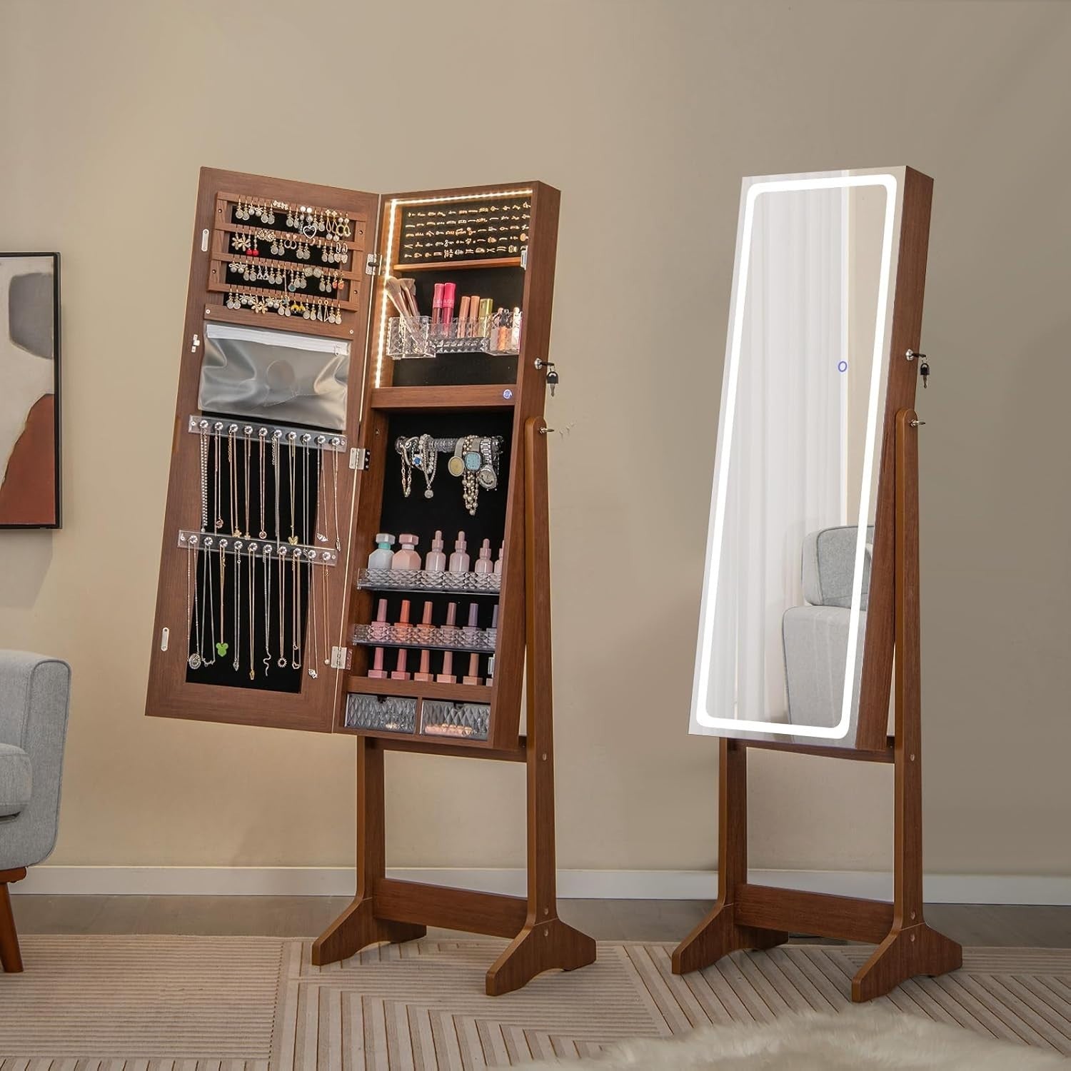 Rustic Brown LED Jewellery Cabinet Full Length Mirror Adjustable Lockable