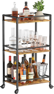 3 Tier Drinks Trolley Bar Cart on Wheels Rustic Serving Cart with Storage