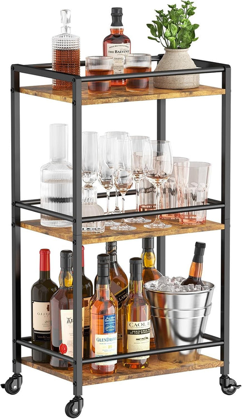 3 Tier Drinks Trolley Bar Cart on Wheels Rustic Serving Cart with Storage