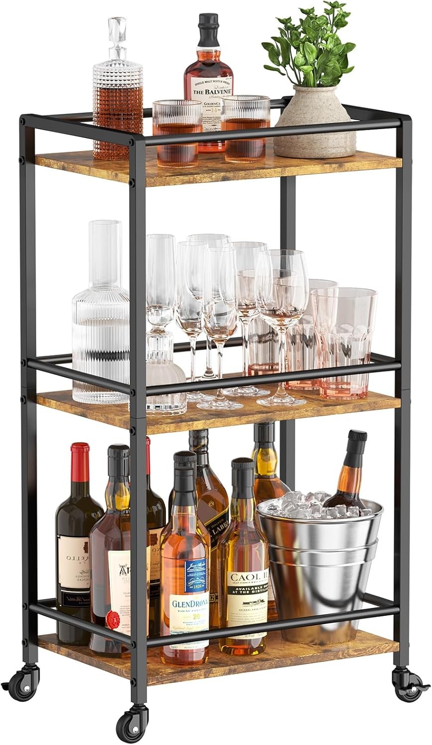 3 Tier Drinks Trolley Bar Cart on Wheels Rustic Serving Cart with Storage