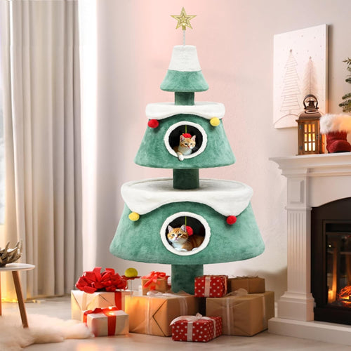 Christmas Cat Tree Tower Indoor with 2 Cat Houses Multi-Level Climber 160cm