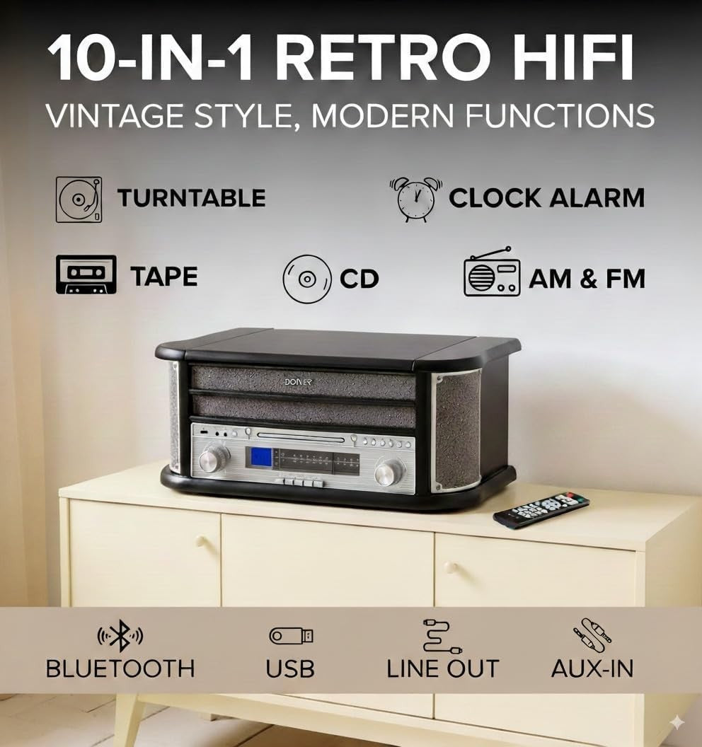 8-in-1 Retro Music System Vinyl CD Cassette Player Bluetooth Radio USB MP3
