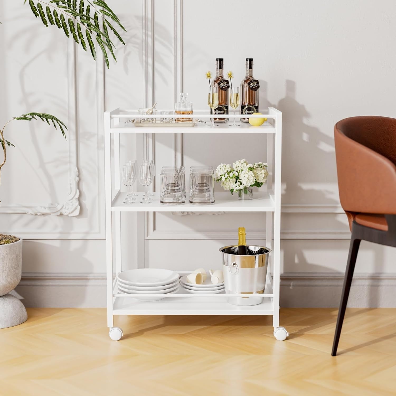 64x40x85cm White Bar Cart 3 Tier Rolling Drinks Trolley