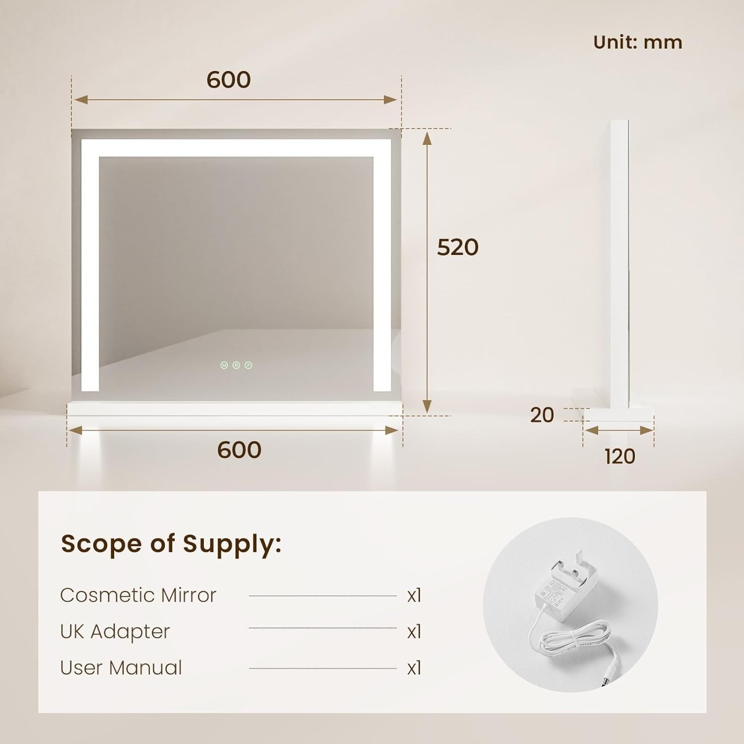 Touch Screen Vanity Mirror 60cm LED Lights 3 Color Dimmable Makeup Mirror