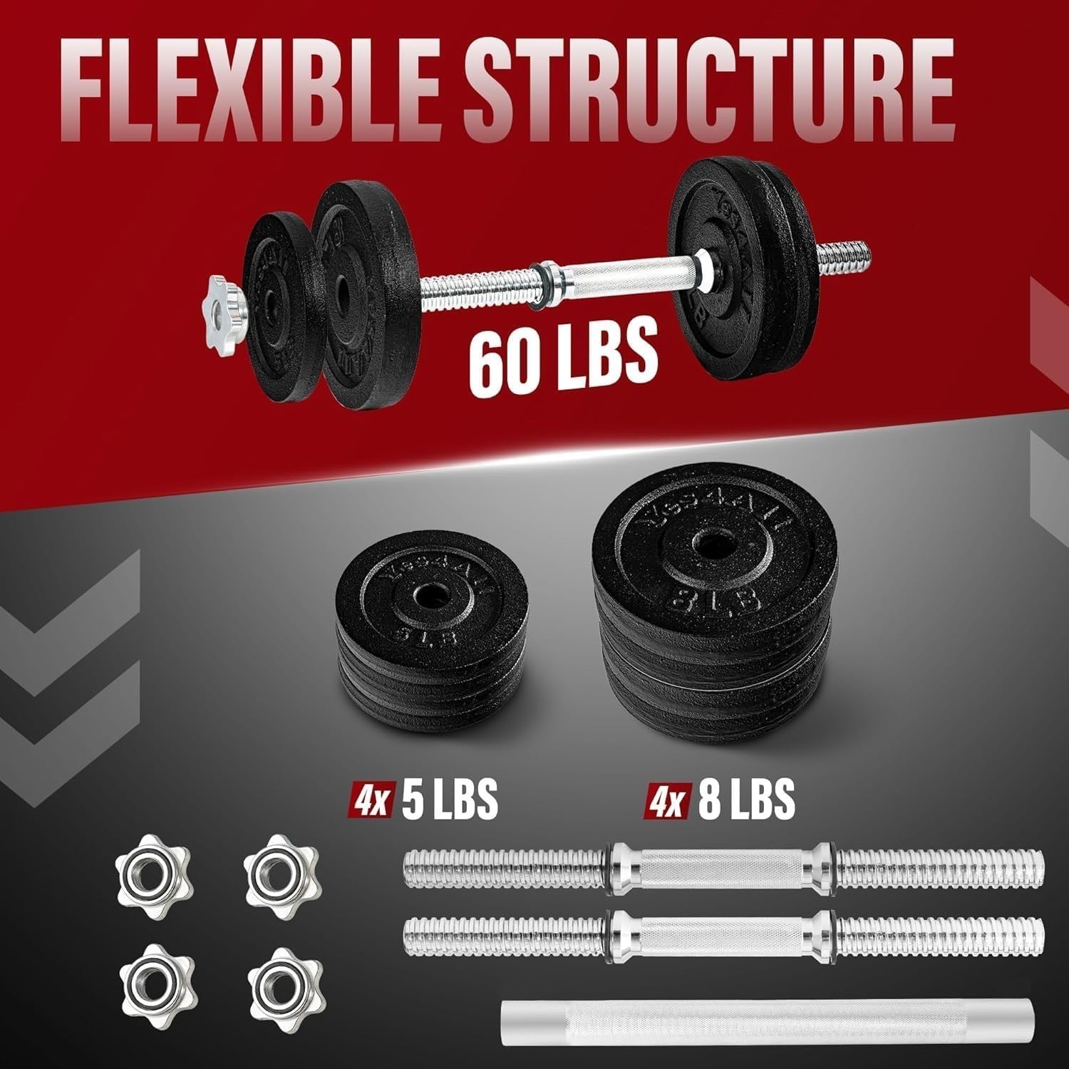Adjustable Dumbbell Barbell Set 60LB Free Weights Cast Iron Home Gym