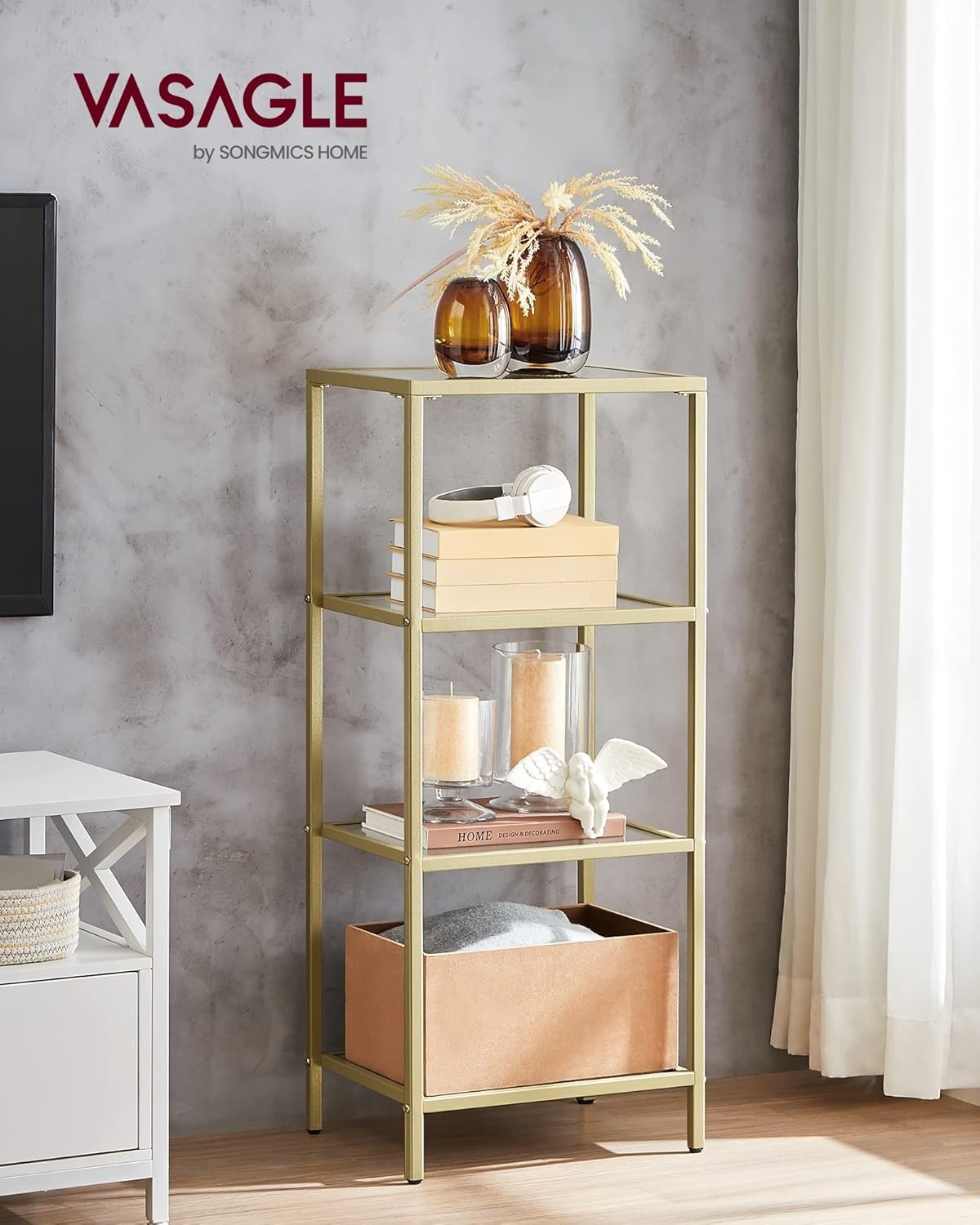 Modern 4-Tier Gold Glass Shelf Unit | Luxury Display Rack Storage for Home Offic