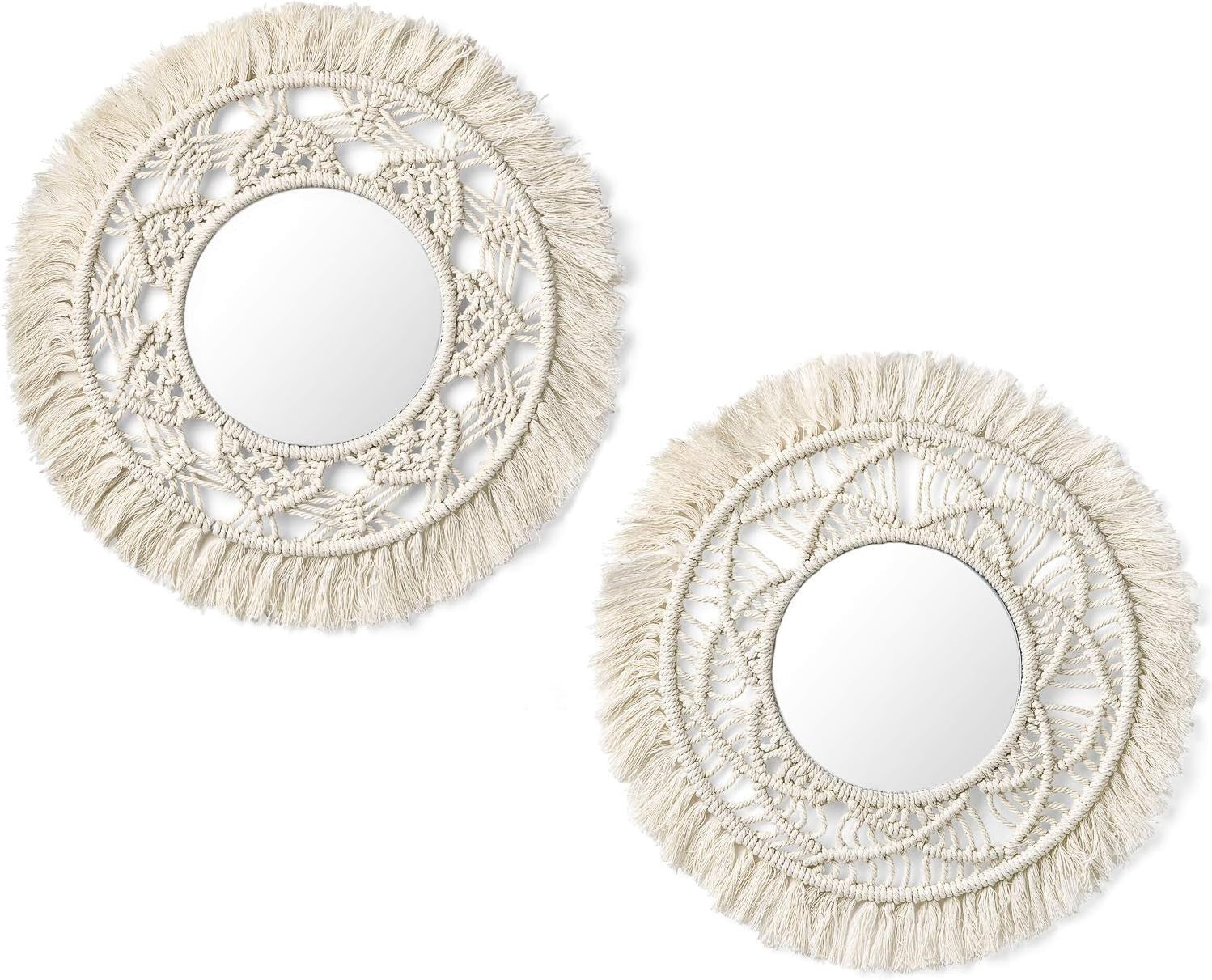 Boho Macrame Wall Mirrors Set of 2 Small Round Hanging Decor
