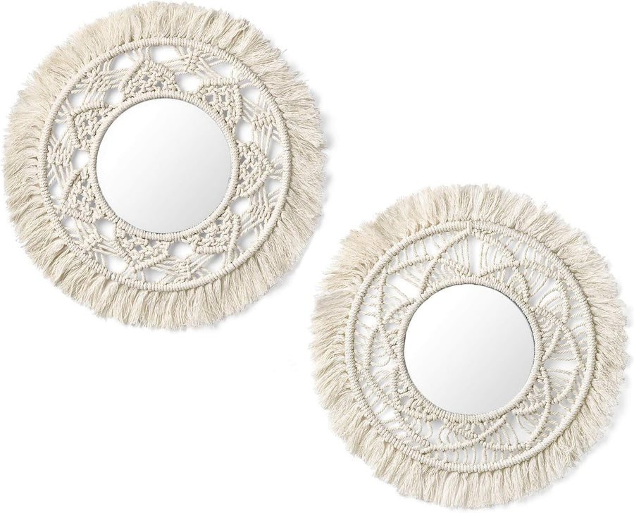 Boho Macrame Wall Mirrors Set of 2 Small Round Hanging Decor