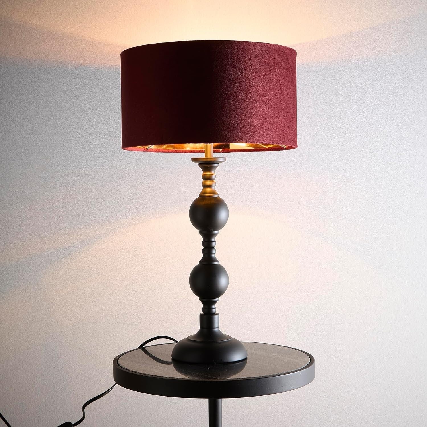 Black Metal Table Lamp Red Velvet Shade Gold Lined Modern Bedside