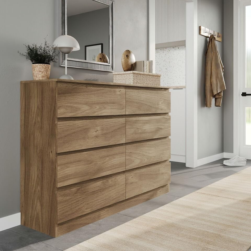 Large 8 Drawer Oak Chest Bedroom Storage Unit Modern Dresser Cabinet