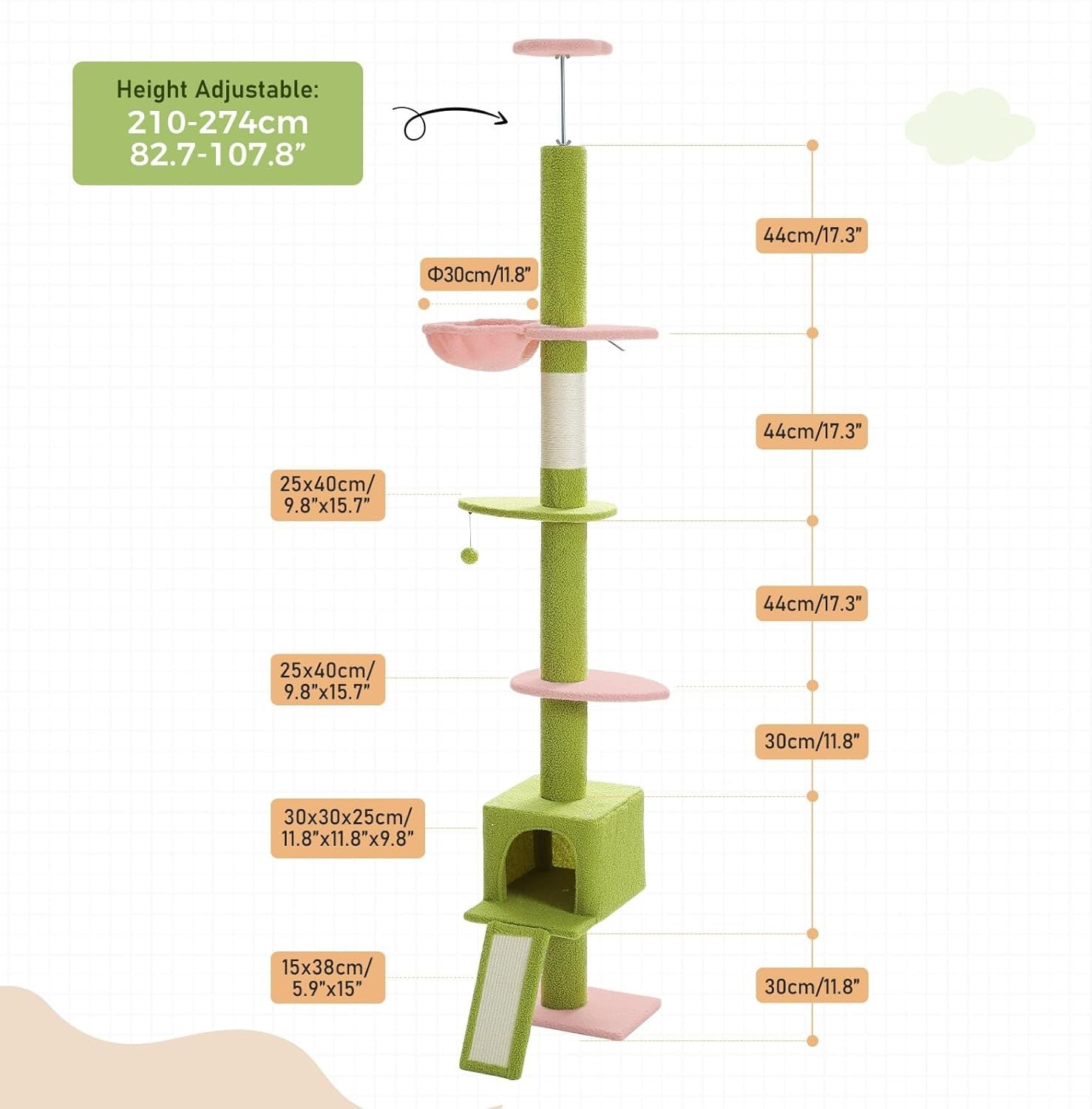 Floor to Ceiling Cat Tree Adjustable 216–273cm Tower Hammock Scratcher