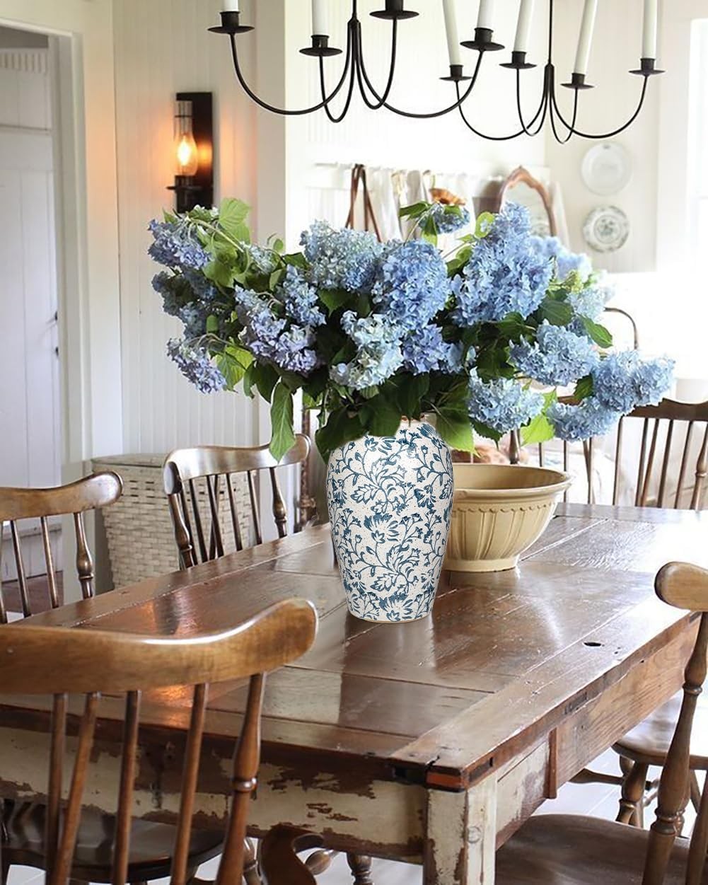 Ceramic Flower Vase Blue White Rustic Farmhouse Decor Table Floor Vase