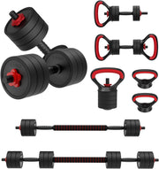 4-in-1 Adjustable Dumbbell Set 10kg Home Gym Barbell Kettlebell Kit